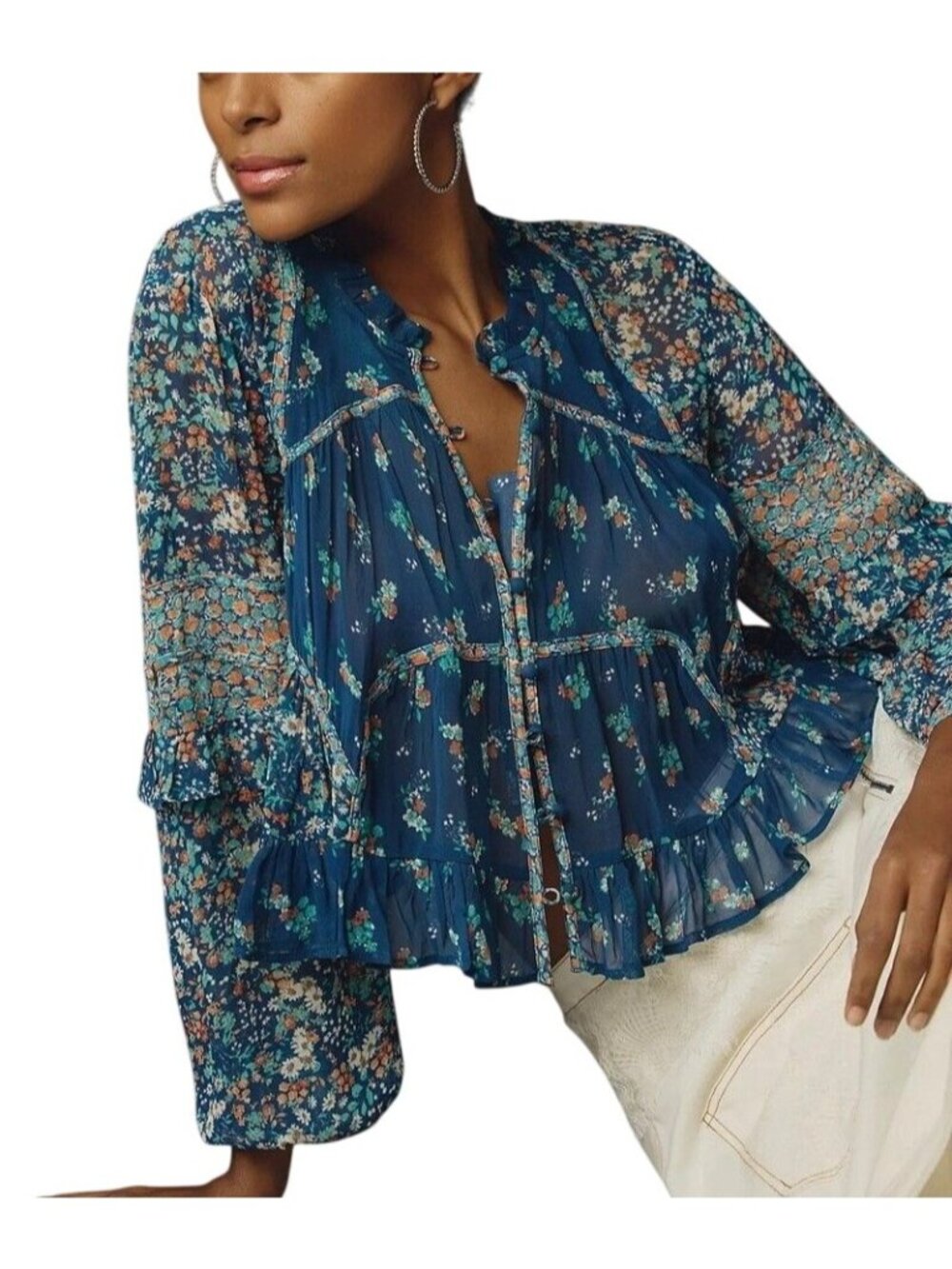 Anthropologie Womens Size M Top Sheer Babydoll Blue Floral Peasant Blouse Ruffle